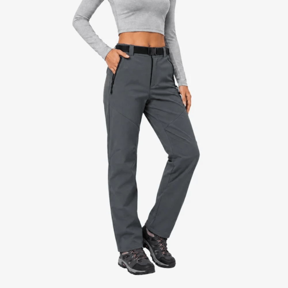 Women's full-length hiking pants with belt, zip pockets and shaped leg panels