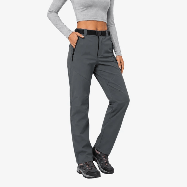 Women's full-length hiking pants with belt, zip pockets and shaped leg panels