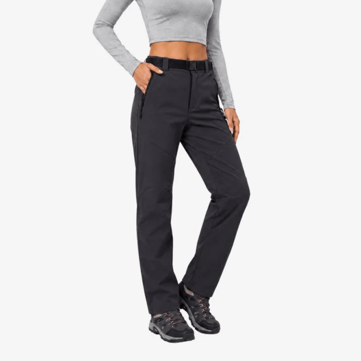 Women's full-length hiking pants with belt, zip pockets and shaped leg panels