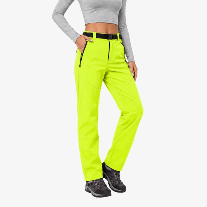 Women's full-length hiking pants with belt, zip pockets and shaped leg panels