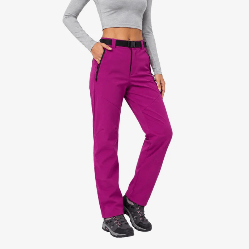 Women's full-length hiking pants with belt, zip pockets and shaped leg panels