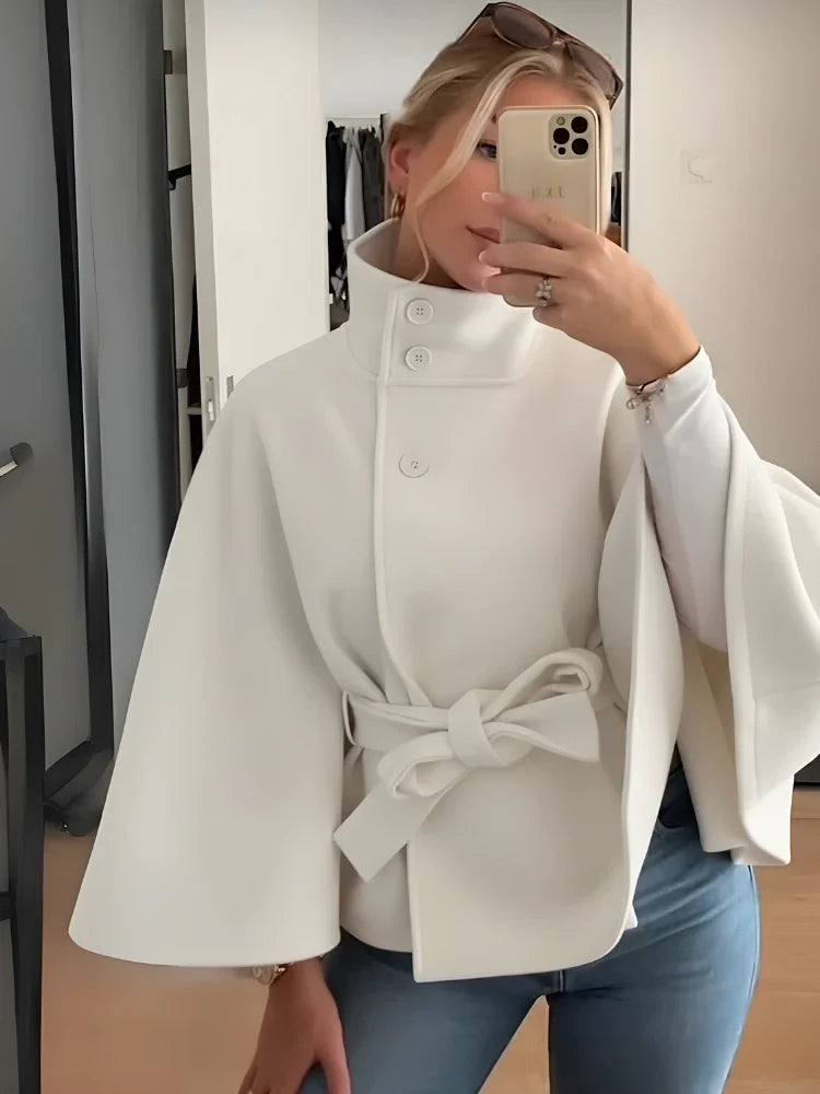 Women's cape coat with stand collar, button front and waist tie