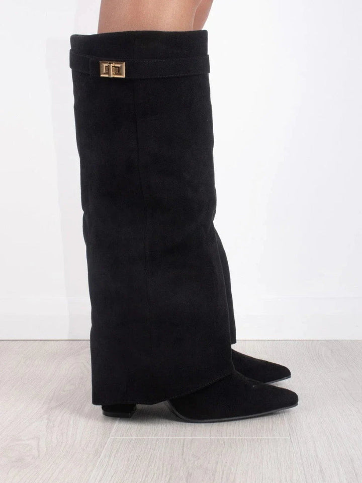 Women's knee-high pointed-toe boots with block heels and side zippers