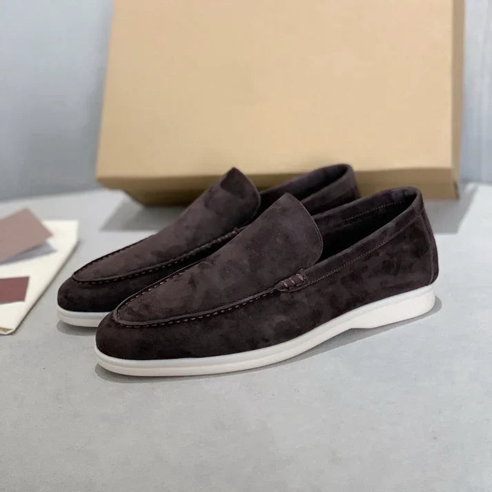 Women's suede-finish slip-on loafers with rounded moc toes and contrasting flat soles