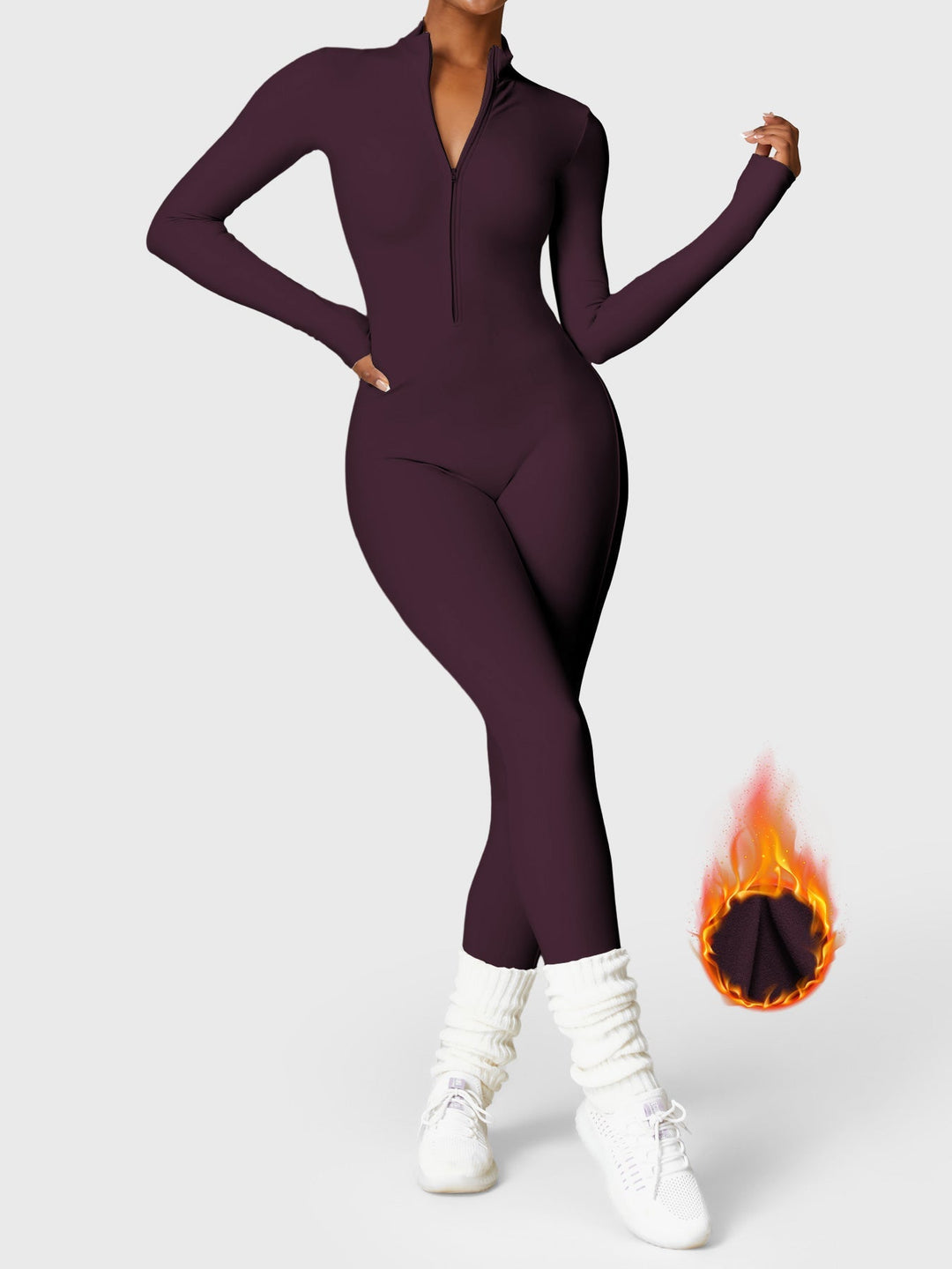 Women's fitted long-sleeve zip-up jumpsuit with raised collar and side pockets