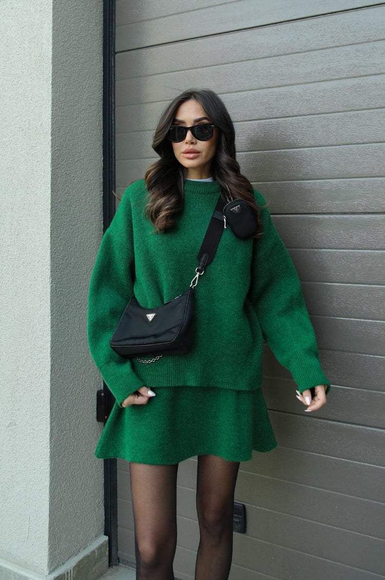 Women's long-sleeve knit sweater and short matching skirt set